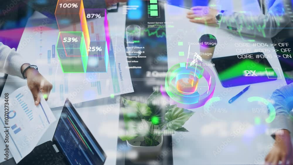 Top View of a Business Meeting With Interactive Holographic Data Visualizations. Professionals Analyze Charts, Graphs, and Percentages Projected. AI Technology in Modern Corporate Revenue Growth Top View of a Business Meeting With Interactive Holographic Data Visualizations. Professionals Analyze Charts, Graphs, and Percentages Projected. AI Technology in Modern Corporate Revenue Growth