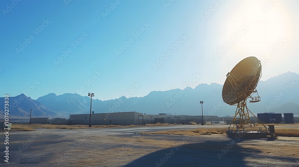 Earth receiving station in a remote desert location, where satellite signals are decoded and transmitted to control centers. The scene symbolizes global connectivity and the seamless flow of informati Earth receiving station in a remote desert location, where satellite signals are decoded and transmitted to control centers. The scene symbolizes global connectivity and the seamless flow of informati