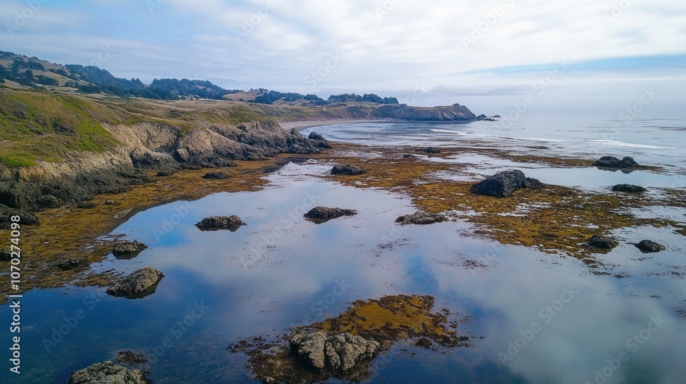 Aerial view of a rocky tide pool area by the ocean, with water-filled pools reflecting the sky. The coastline is jagged and raw Aerial view of a rocky tide pool area by the ocean, with water-filled pools reflecting the sky. The coastline is jagged and raw