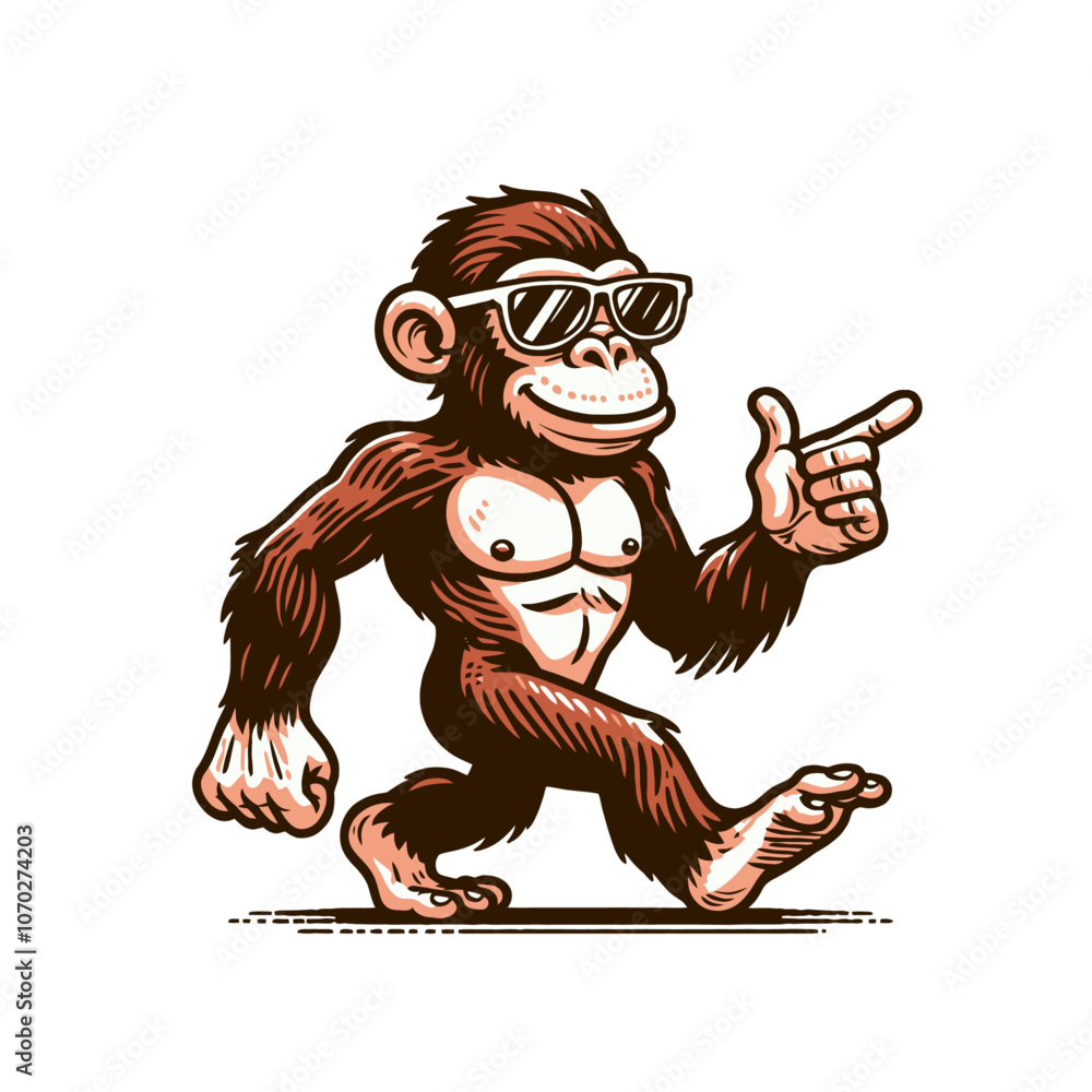 Fototapeta premium Cartoon monkey ape character mascot walking. Isolated vector illustration