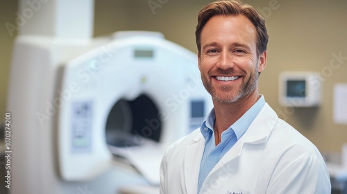 A friendly healthcare professional in a lab coat smiles confidently in a modern medical facility, showcasing advanced imaging technology during the day