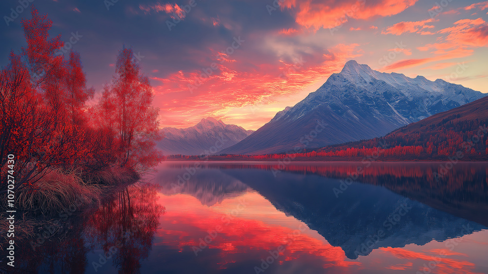 Serene autumn evening in the Altai Mountains with pink skies and a stunning reflective lake view Serene autumn evening in the Altai Mountains with pink skies and a stunning reflective lake view
