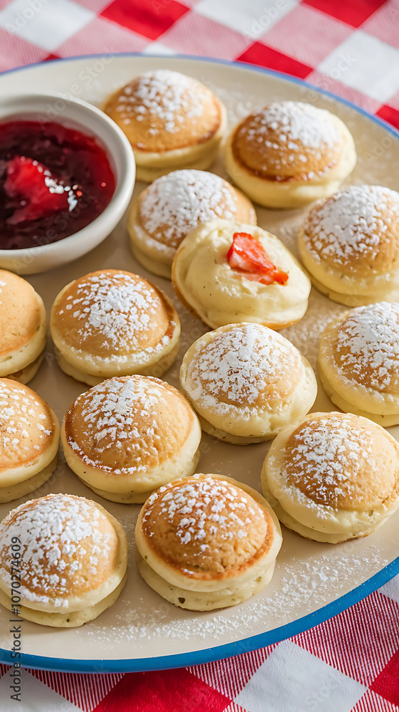 A close-up photo of 15 mini pancakes on a bright, modern plate A close-up photo of 15 mini pancakes on a bright, modern plate