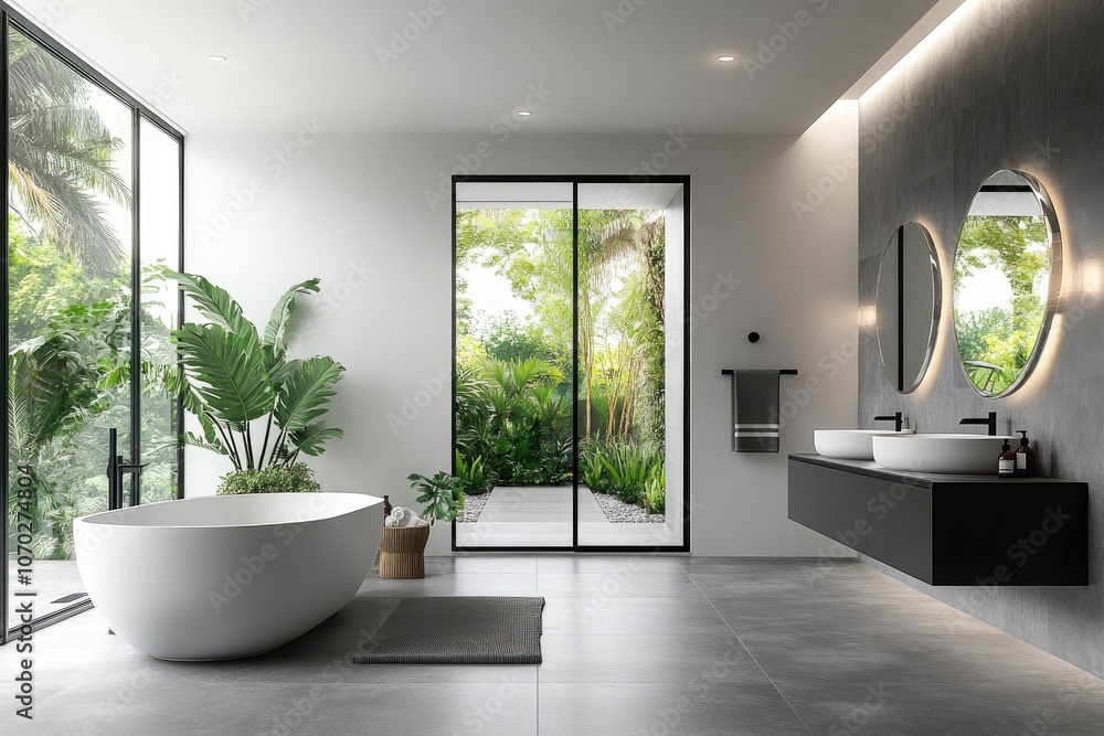 In the center of the bathroom, there is a bathtub present In the center of the bathroom, there is a bathtub present