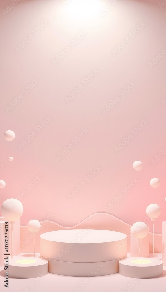 Minimalist pink podium with candles and spheres for product display. Minimalist pink podium with candles and spheres for product display.