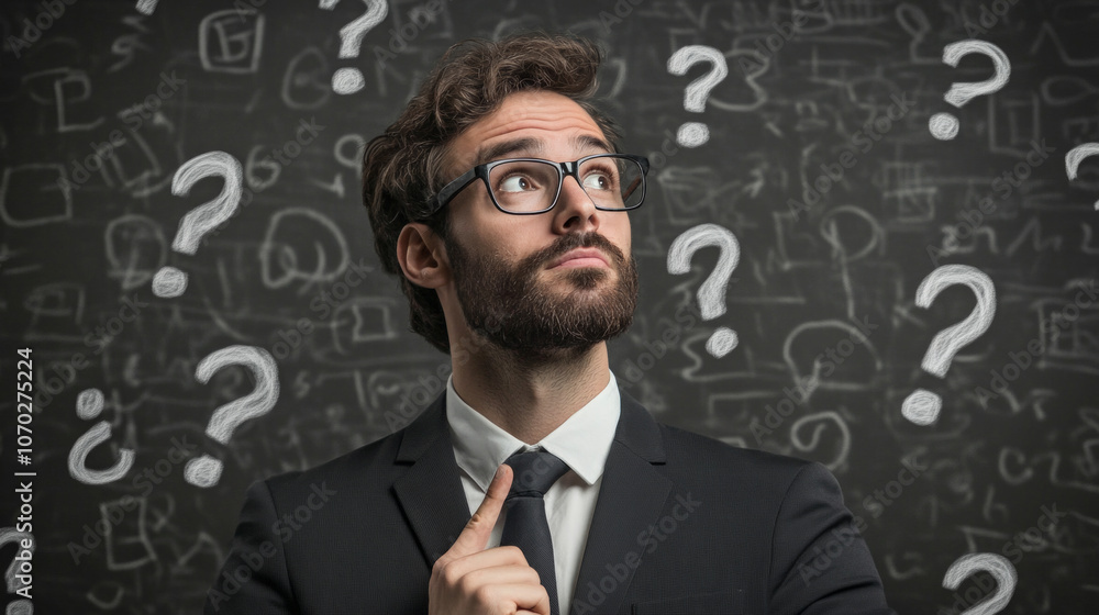 Confident man answers questions thoughtfully in a classroom setting with a chalkboard filled with inquiries during a discussion Confident man answers questions thoughtfully in a classroom setting with a chalkboard filled with inquiries during a discussion
