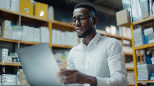 Young professional demonstrating a new product in a well-organized office space during a business presentation