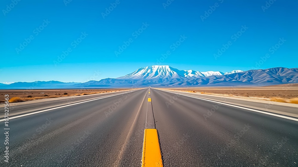 Naklejka premium Asphalt Road Leading to a Mountain Range with Snow Capped Peaks Under a Clear Blue Sky