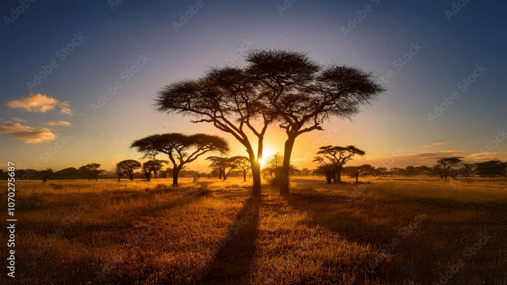Obraz premium Sunrise in a savannah, with tall acacia trees silhouetted against the sky, and warm light casting long shadows on the ground