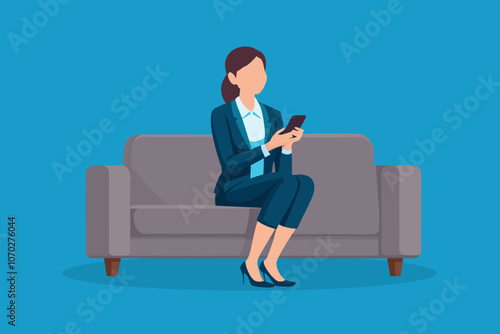 Business woman smiling on sofa, holding mobile phone and looking away Flat Vector illustration on blue background