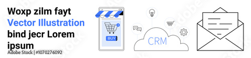 Smartphone with online store, cloud with CRM text, envelope icon for email. Ideal for e-commerce, digital marketing, customer relationship management, technology, mobile apps, online business