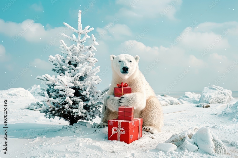 Fototapeta premium A polar bear holding a gift beside a snow covered Christmas tree in a winter wonderland setting during Christmas. Christmas and New Year greetings from animal protection organization. With copy space