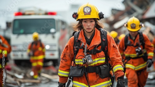 Focused Firefighter at Rescue Scene Post-Disaster. Focused firefighter in orange and yellow protective gear walks through a post-disaster scene, symbolizing dedication in rescue efforts.