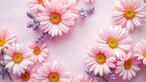 A Delicate Arrangement of Soft Pink Flowers with Hints of Lavender on a Gentle Pink Background