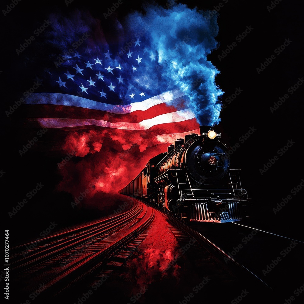 Naklejka premium An intense visual of a locomotive traversing a track with red, white, and blue smoke forming a flag background, illustrating movement and national pride.