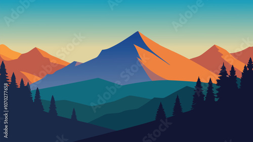 Landscape in the mountains, featuring colorful trees and a serene atmosphere under a bright sky flat vector illustration