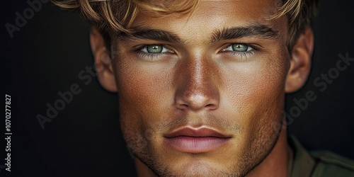 A young man with striking green eyes and tousled blonde hair gazes directly into the camera, showcasing confidence and charisma against a dramatic dark background