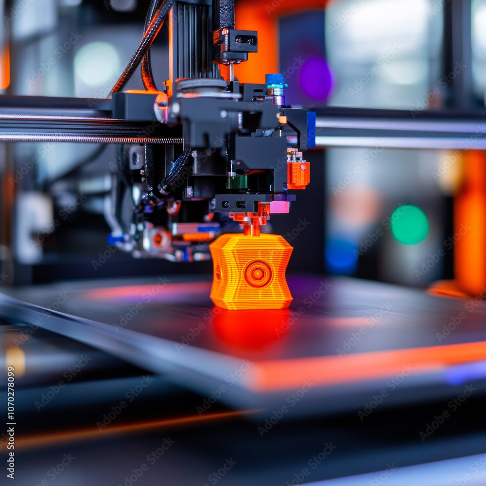Fototapeta premium A 3D printer with a freshly printed object emerging from the build platform, highlighting cutting-edge manufacturing technology.