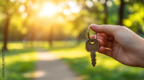 Hand holding house key on blurred park background, new home, mortgage, real estate concept. photo