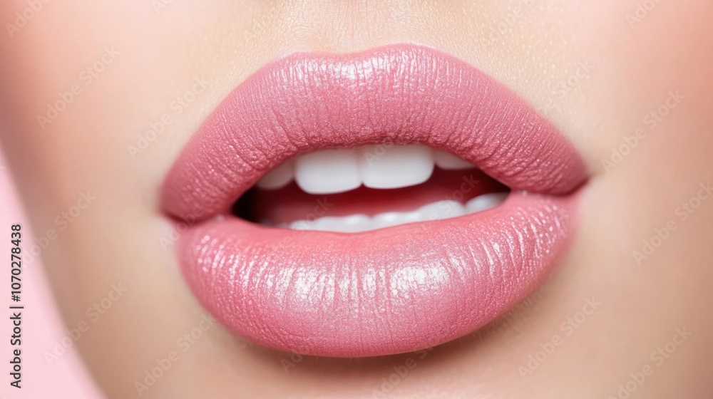 Close-up of glossy pink lips showcasing smooth texture and vibrant color, AI Close-up of glossy pink lips showcasing smooth texture and vibrant color, AI