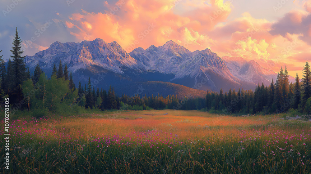 Enchanting twilight panorama of Rocky Mountains with a lush field in the foreground near Canmore Enchanting twilight panorama of Rocky Mountains with a lush field in the foreground near Canmore