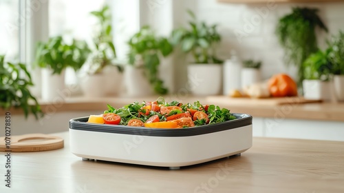 Closeup of a sleek device analyzing the nutritional content of a meal, soft lighting, shallow focus photo