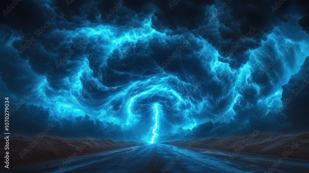 Obraz premium A road leading towards a massive, glowing blue lightning bolt and storm clouds.
