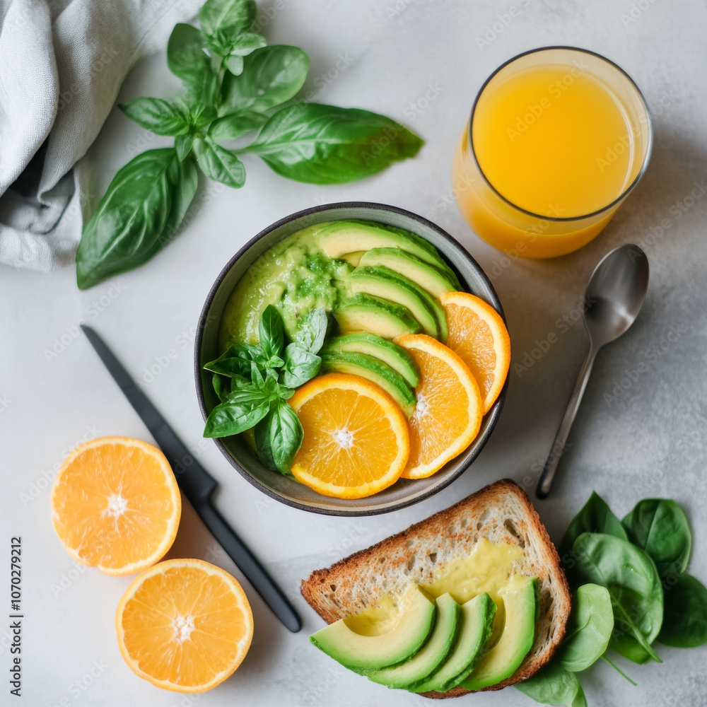 A breakfast flat lay featuring avocado toast, a smoothie bowl, and fresh orange juice, styled with minimalistic utensils. A breakfast flat lay featuring avocado toast, a smoothie bowl, and fresh orange juice, styled with minimalistic utensils.