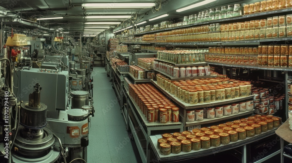 A panoramic shot of a canned food factory, with assembly-line machines in the top section filling and sealing cans. A panoramic shot of a canned food factory, with assembly-line machines in the top section filling and sealing cans.