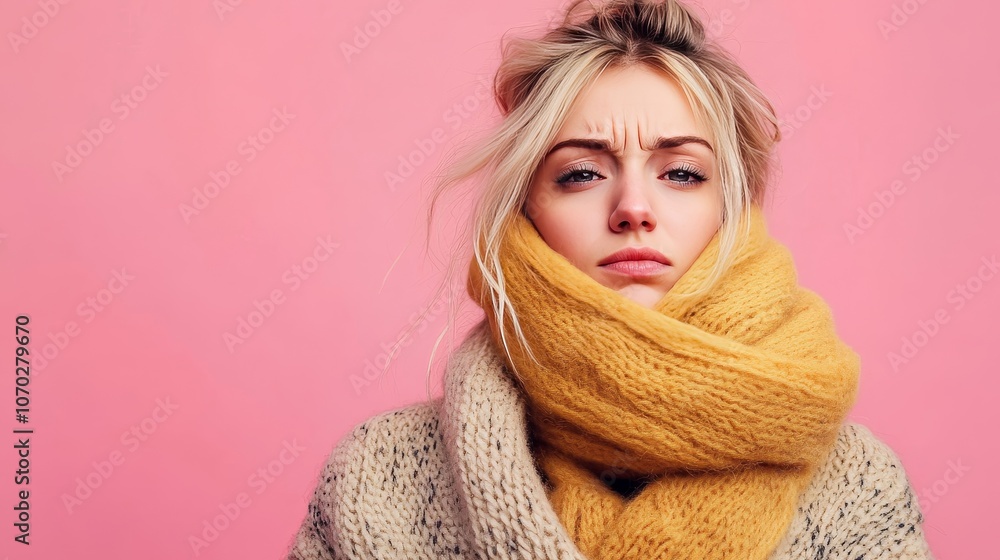 Sick blond woman with runny nose, high temperature, wrapped in scarf isolated on pink background. Sick blond woman with runny nose, high temperature, wrapped in scarf isolated on pink background.