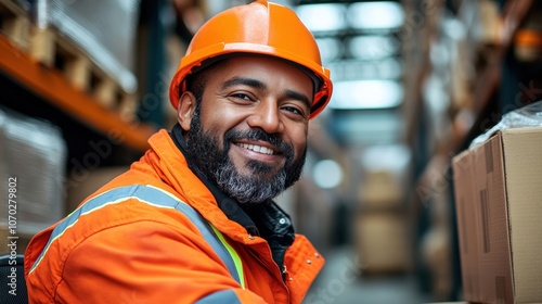 A smiling warehouse worker in an orange safety helmet and jacket engages with colleagues while sorting packages during the busy afternoon shift at a distribution center