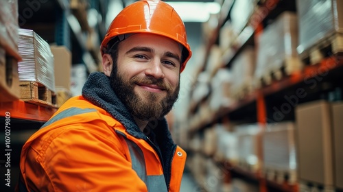 A portrait of a smiling worker in an orange safety jacket and helmet, sitting on a forklift at the warehouse with boxes. In the background are shelves filled with various goods