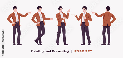 Handsome businessman wearing brown blazer suit jacket presenting stand set. Confident modern office, casual street look for daily wear, dating, prom party, ceremony, business work. Vector illustration
