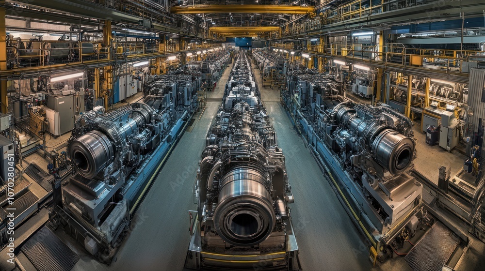 Fototapeta premium A panoramic view of an automotive engine manufacturing plant, with large, automated machinery and conveyor belts at the top assembling engine components