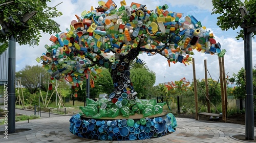 A Vibrant Tree of Recycled Plastic Promotes Environmental Awareness.