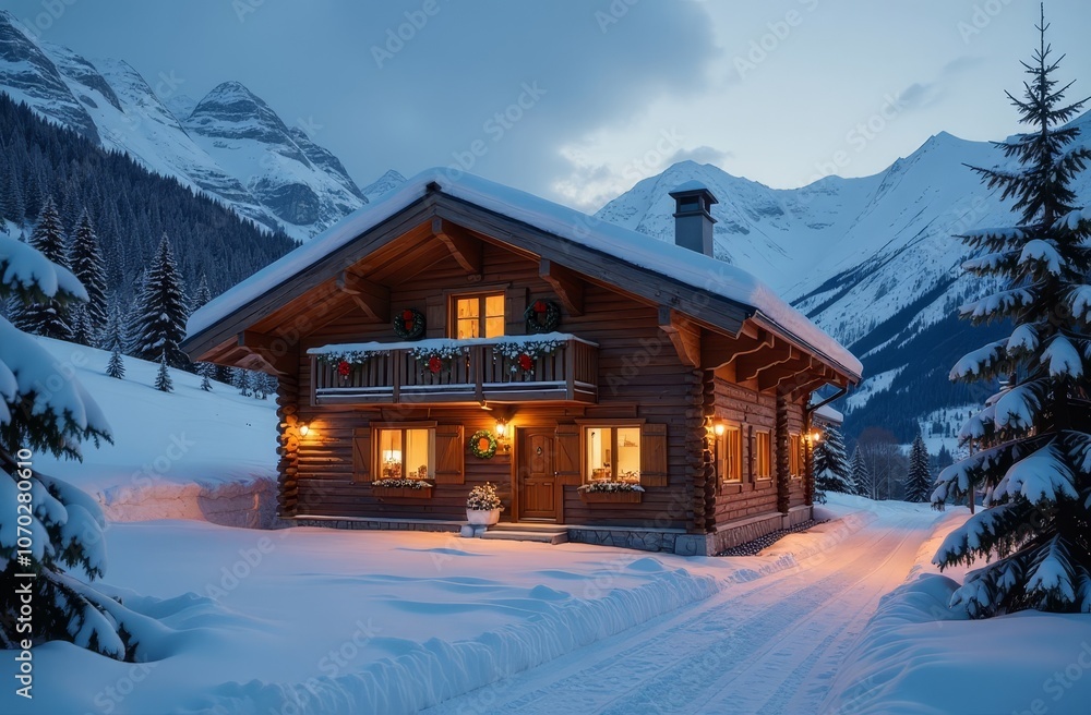 Fototapeta premium A charming wooden house decorated with festive lights, surrounded by snow-covered trees and mountains.