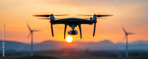 Drones monitoring solar farms and wind turbines at sunset