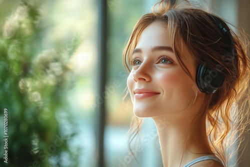 Smiling young woman in headphones relaxing by window, immersing in music, surrounded by soft natural light and greenery.