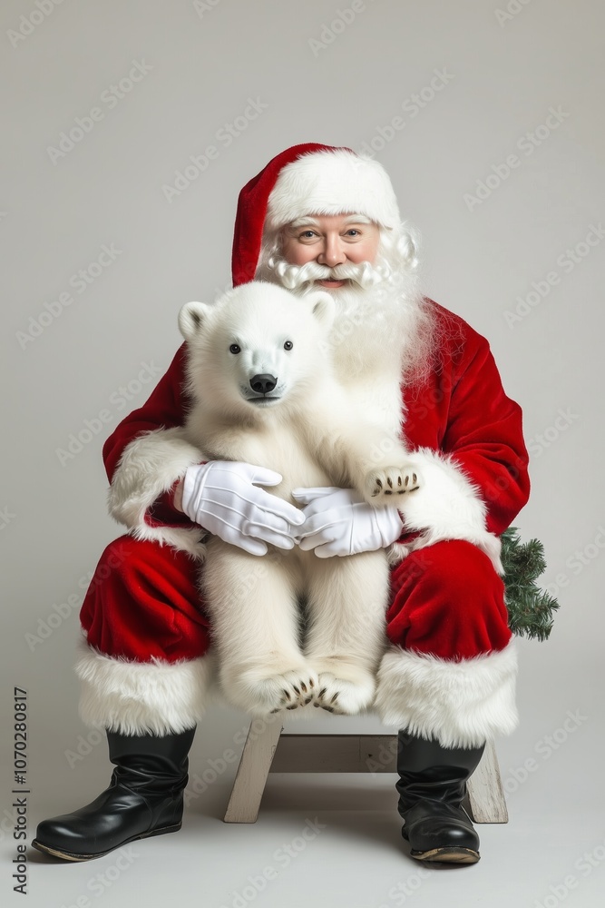 Smiling Santa Claus in red suit hugs an adorable polar bear cub, creating a festive and heartwarming Christmas scene. Smiling Santa Claus in red suit hugs an adorable polar bear cub, creating a festive and heartwarming Christmas scene.