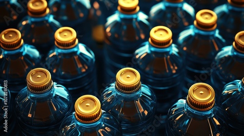 Rows of Water Bottles with Yellow Caps 