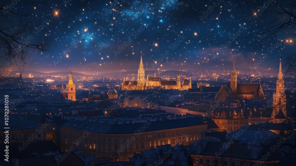 Naklejka premium Night View of Budapest Cityscape with Starry Sky