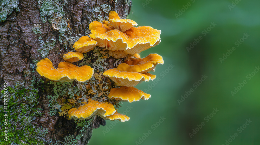 Vibrant orange mushrooms growing on tree bark with lichen texture Vibrant orange mushrooms growing on tree bark with lichen texture