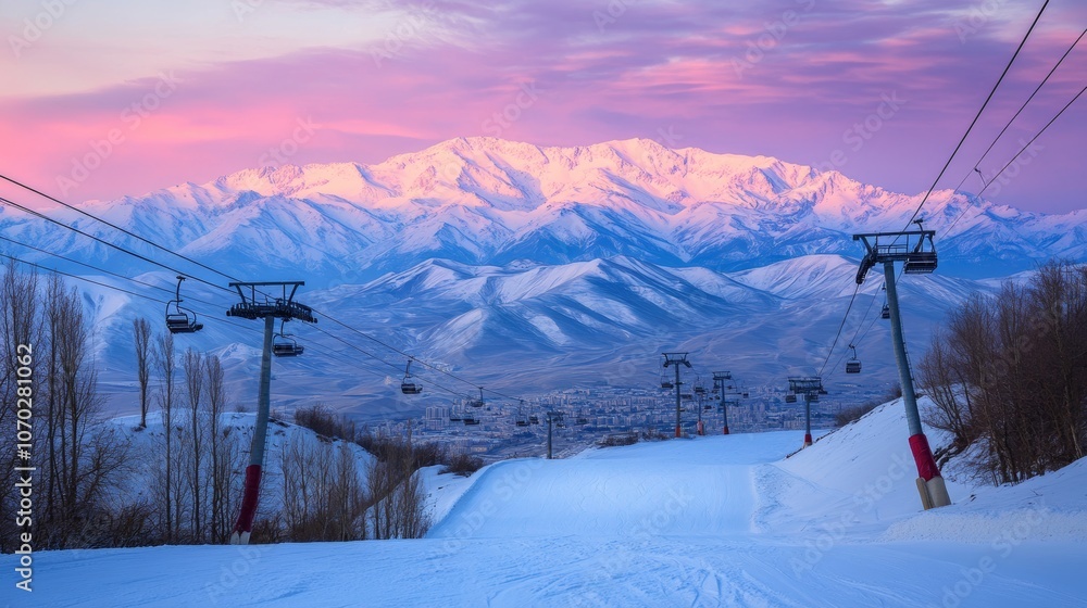 Stunning evening view of a ski slope and chairlift amidst the towering peaks of the Greater Caucasus Mountains in Shahdagh, Azerbaijan. Stunning evening view of a ski slope and chairlift amidst the towering peaks of the Greater Caucasus Mountains in Shahdagh, Azerbaijan.