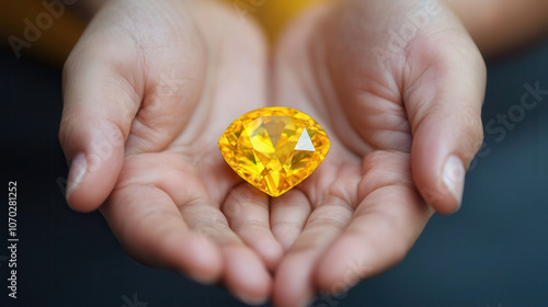 person holding large yellow gemstone in their hands, showcasing its brilliance and clarity