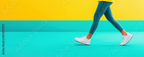 person walking in colorful activewear on vibrant background