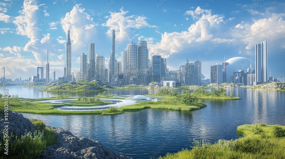 Fototapeta premium A depiction of a world in which climate change is mitigated through large-scale geoengineering projects, such as carbon capture technologies and solar radiation management.
