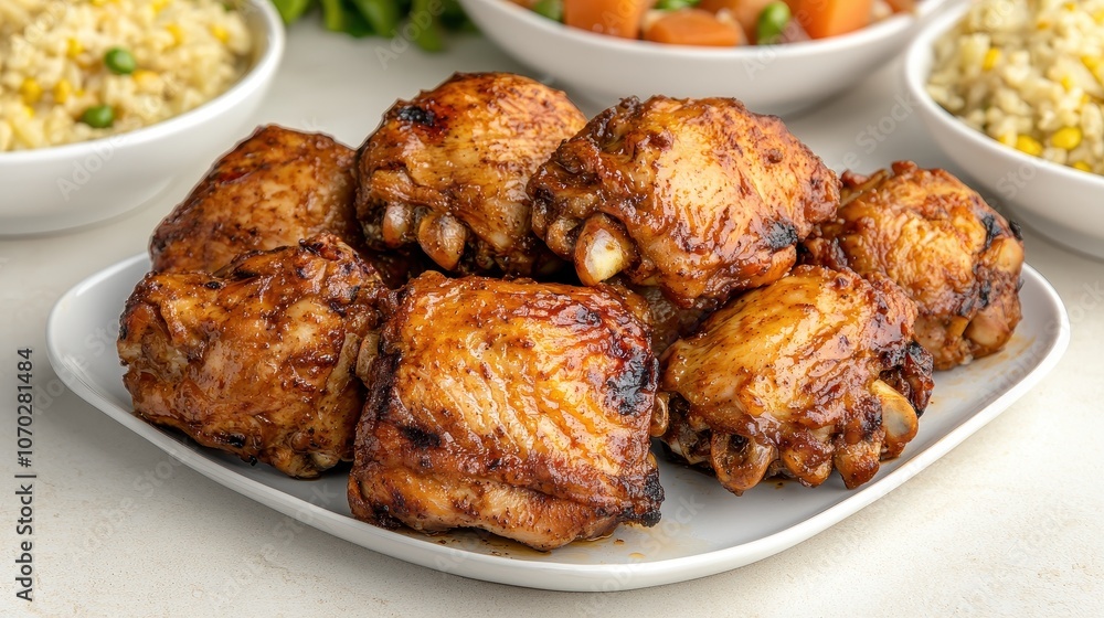 Savory grilled chicken thighs served on a plate, perfect for dinner or meal prep, surrounded by colorful sides. Savory grilled chicken thighs served on a plate, perfect for dinner or meal prep, surrounded by colorful sides.