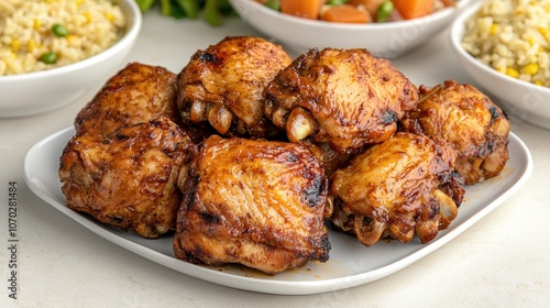 Savory grilled chicken thighs served on a plate, perfect for dinner or meal prep, surrounded by colorful sides.