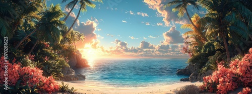 A South Seas scene as a vintage tiki canvas painting, with no people, but featuring palm trees and flowers with an ocean background