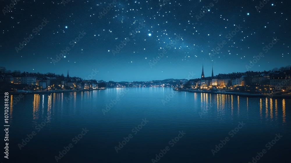 Obraz premium Nighttime Cityscape with Starry Sky